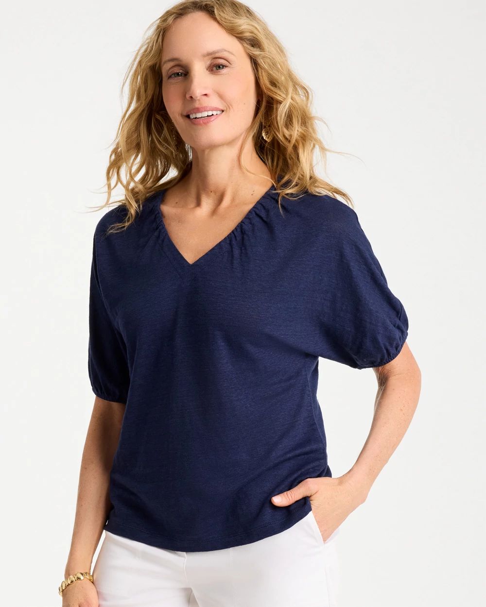 トップス LINEN SILK PLAIN STITCH V NECK C/D Linen Ruched V-Neck Tee | Chico's